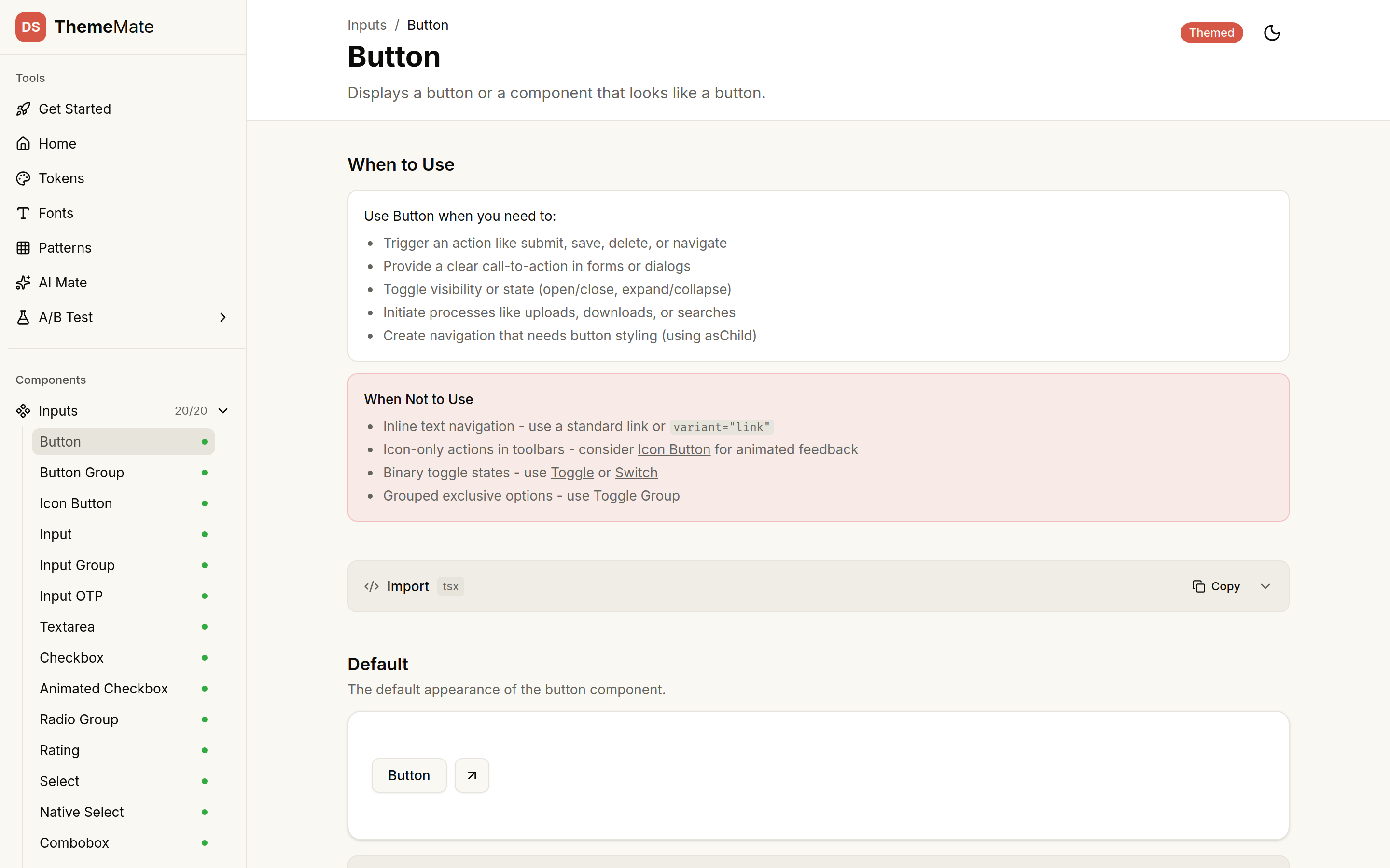 DS Theme Mate v2 — Button component detail page