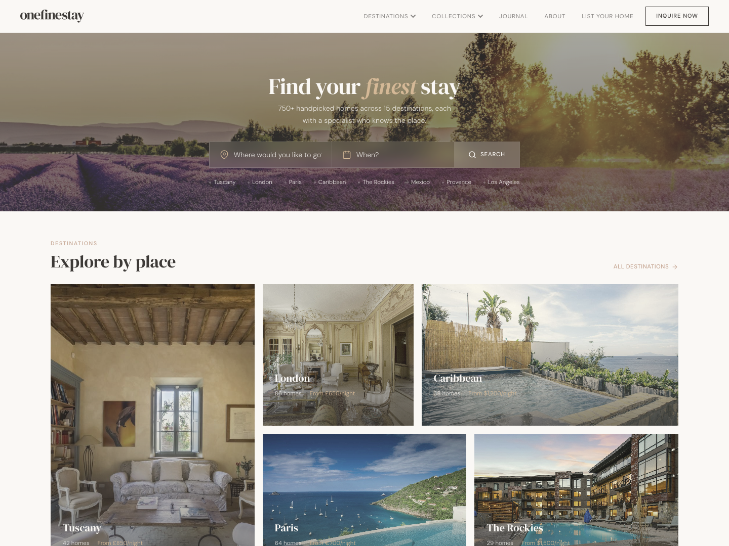 One Fine Stay homepage v3 — Find your finest stay hero with Explore by place grid