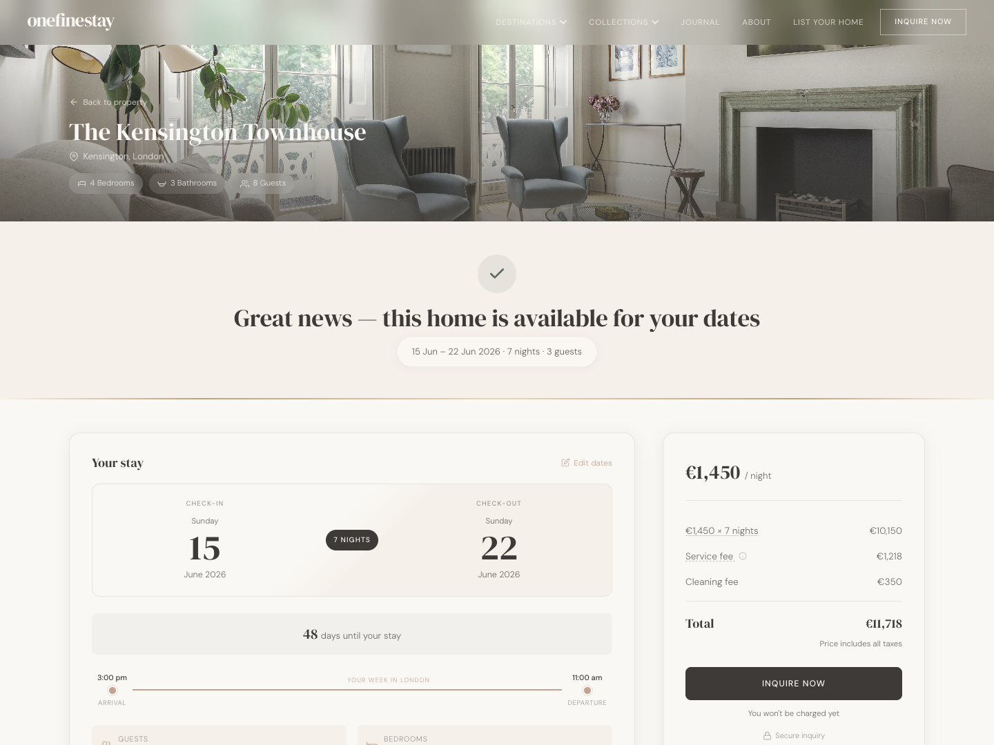 One Fine Stay availability flow — Kensington Townhouse booking with calendar and price summary