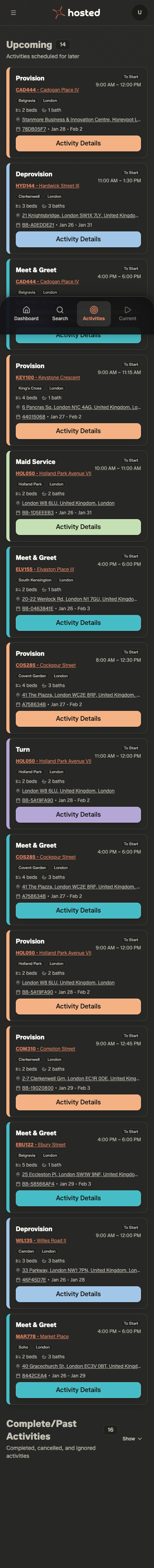 OFS Staff App — full activities feed scroll