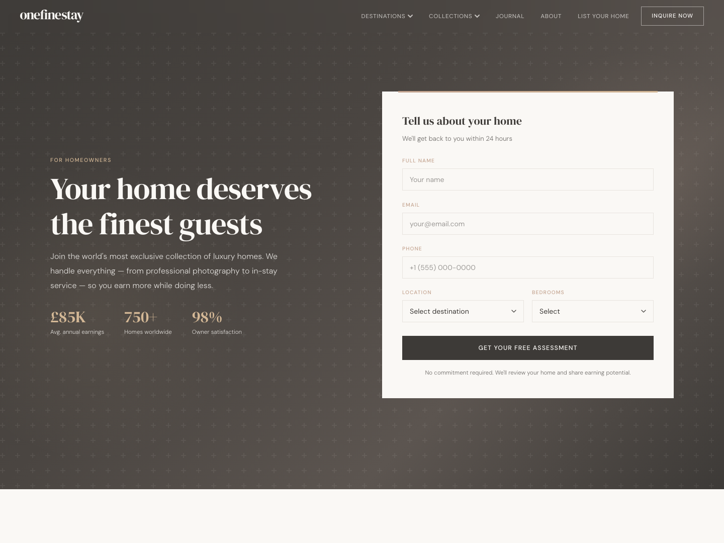 One Fine Stay homeowner page — Your home deserves the finest guests onboarding form