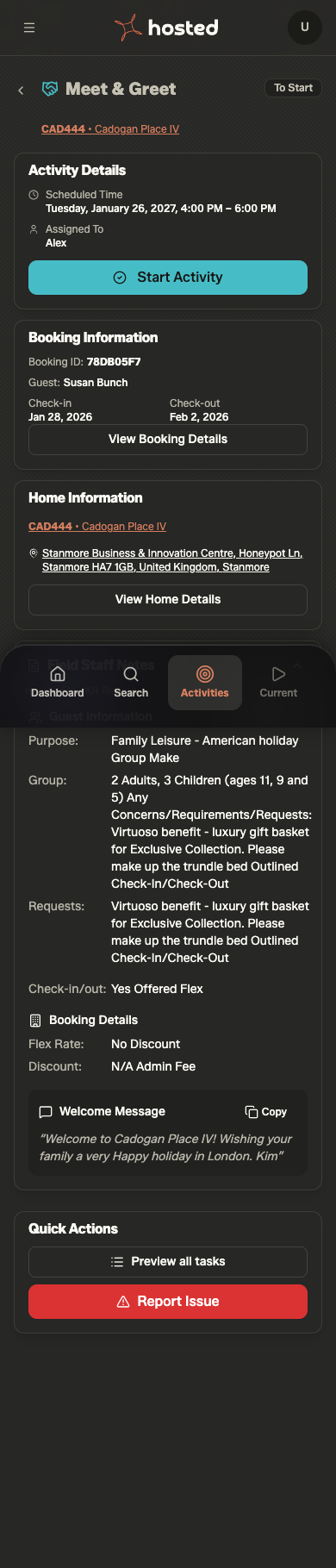 OFS Staff App — guest greet activity workflow