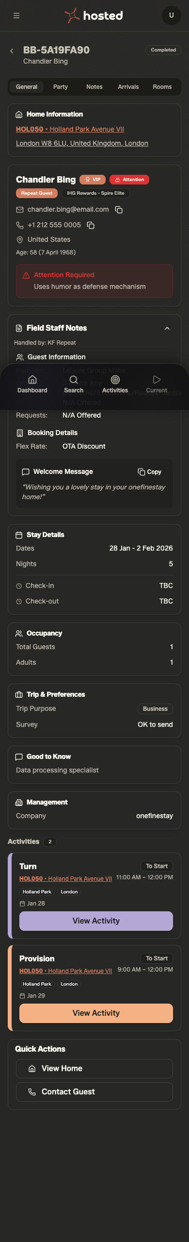 OFS Staff App — confirmed pre-stay booking detail