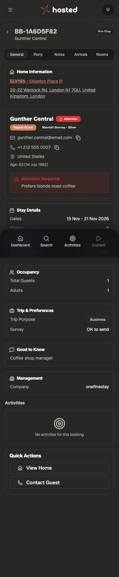 OFS Staff App — pre-stay booking prep view