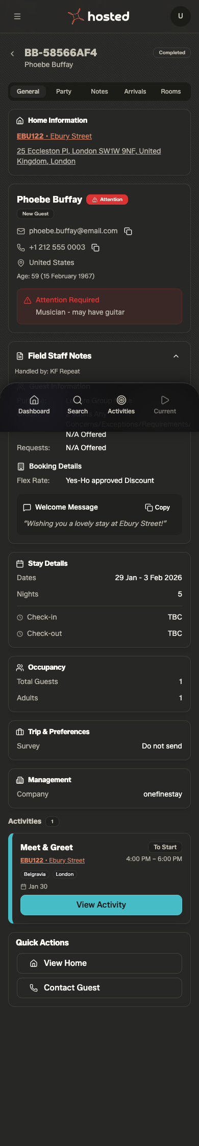 OFS Staff App — completed booking handover view